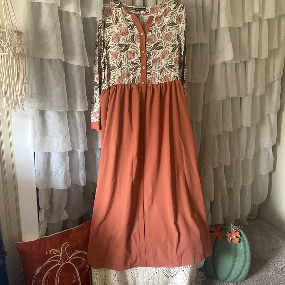 SHEIN Brown Floral Long Sleeve Dress